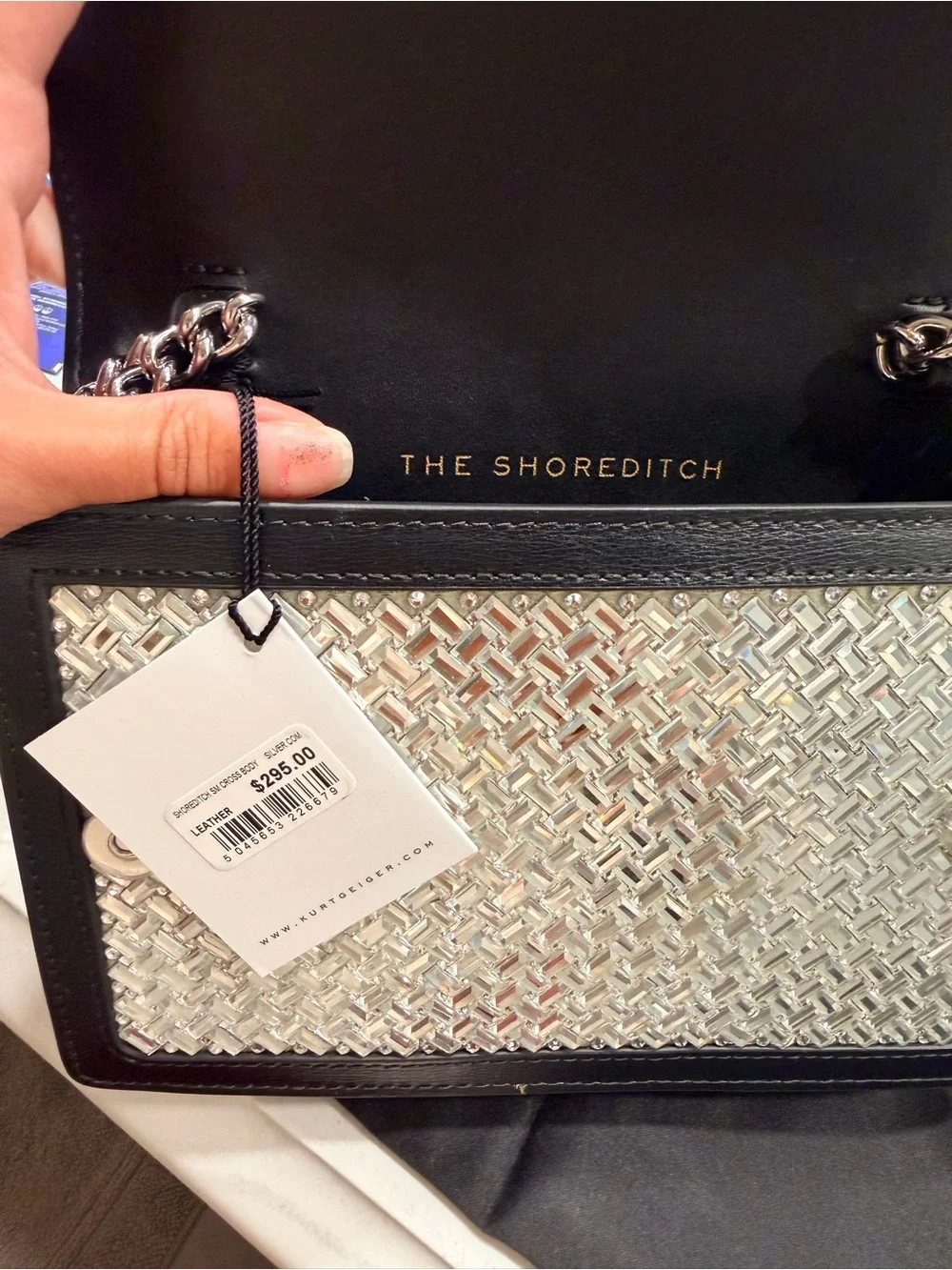 Kurt Geiger Silver Mirror Woven Crossbody with Black Trim and Silver Chain Strap